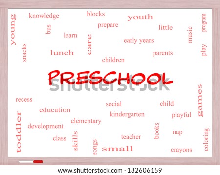 Preschool Word Cloud Concept on a Whiteboard with great terms such as youth, education, learn and more.