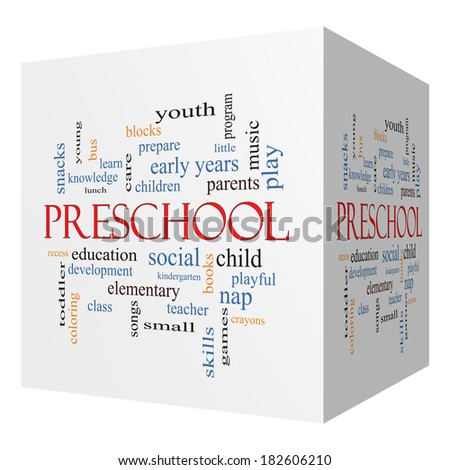 Preschool 3D cube Word Cloud Concept with great terms such as youth, education, learn and more.