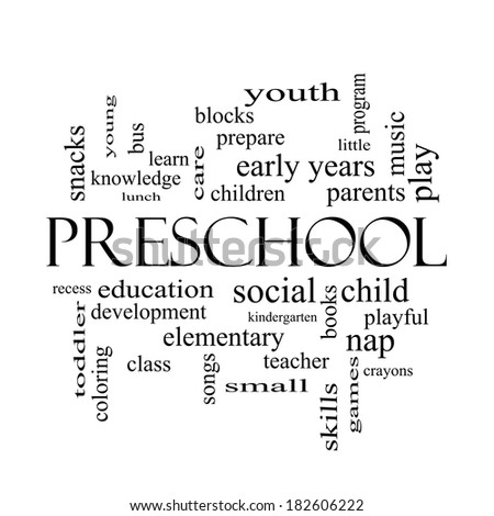 Preschool Word Cloud Concept in black and white with great terms such as youth, education, learn and more.