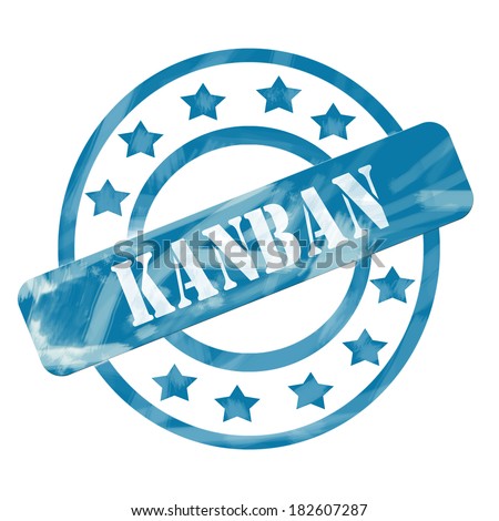 A blue ink weathered roughed up circles and stars stamp design with the word KANBAN on it making a great concept.