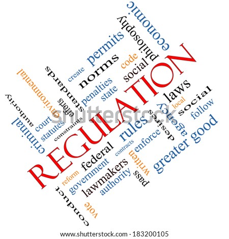 Regulation Word Cloud Concept angled with great terms such as rules, enforce, government and more.