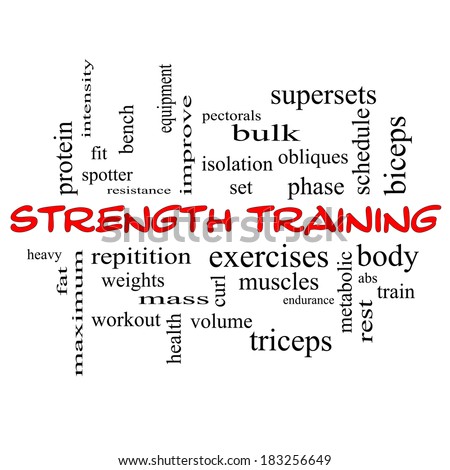 Strength Training Word Cloud Concept in red caps with great terms such as body, muscles, weights and more.