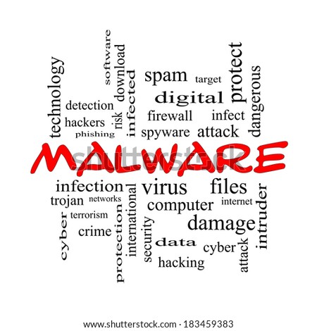 Malware Word Cloud Concept in red caps with great terms such as trojan, virus, infection and more.