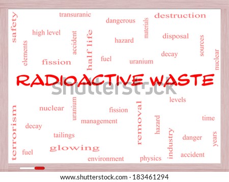 Radioactive Waste Word Cloud Concept on a Whiteboard with great terms such as fission, nuclear, fuel and more.