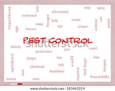 Pest Control Word Cloud Concept on a Whiteboard with great terms such as bugs, poison, rates and more.