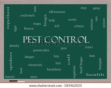 Pest Control Word Cloud Concept on a Blackboard with great terms such as bugs, poison, rates and more.