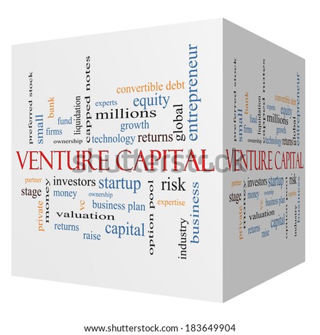 Venture Capital 3D cube Word Cloud Concept with great terms such as investors, startup, risk and more.