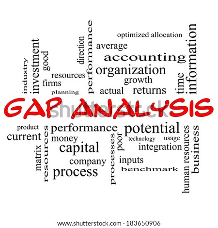 Gap Analysis Word Cloud Concept in red caps with great terms such as growth, money, capital and more.