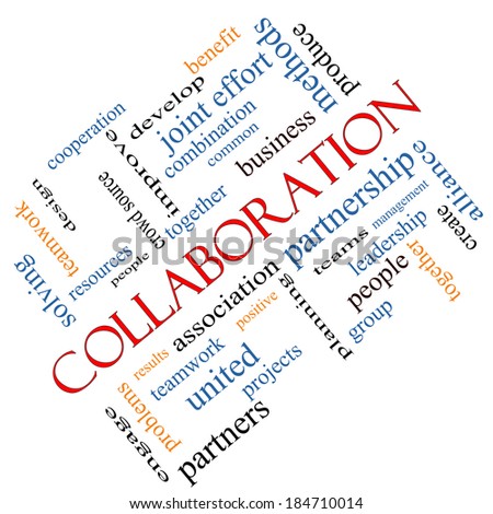 Collaboration Word Cloud Concept angled with great terms such as together, people, teams and more.