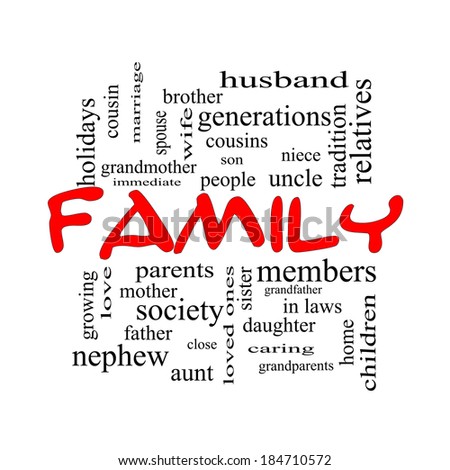 Family Word Cloud Concept in red caps with great terms such as loving, parents, home and more.