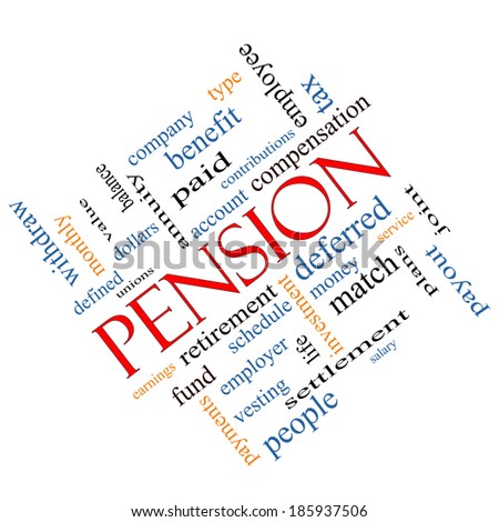 Pension Word Cloud Concept angled with great terms such as benefit, deferred, retirement and more.