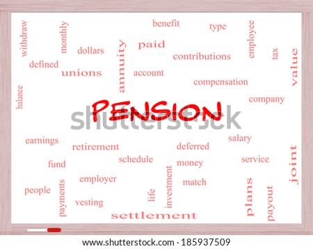 Pension Word Cloud Concept on a Whiteboard with great terms such as benefit, deferred, retirement and more.