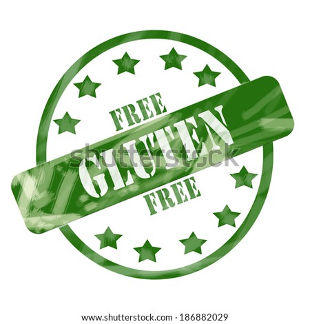 A green ink weathered roughed up circle and stars stamp design with the words GLUTEN FREE on it making a great concept.