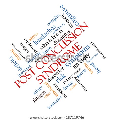 Post Concussion Syndrome Word Cloud Concept angled with great terms such as brain, injury, trauma and more.