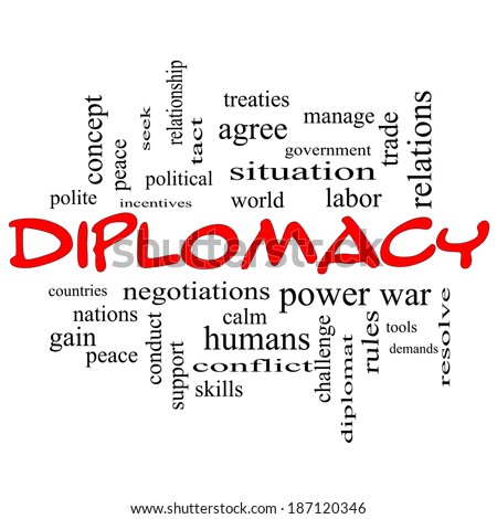Diplomacy Word Cloud Concept in red caps with great terms such as world, peace, negotiations and more.