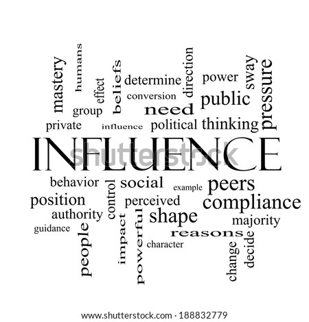 Influence Word Cloud Concept in black and white with great terms such as example, control, beliefs and more.