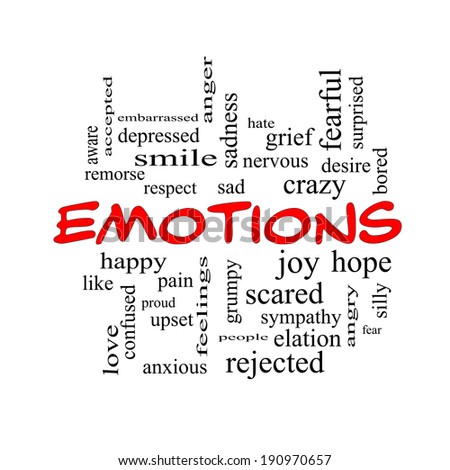 Emotions Word Cloud Concept in red caps with great terms such as sad, happy, joy and more.