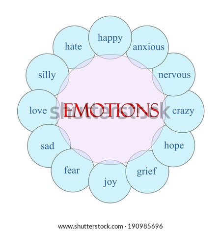 Emotions concept circular diagram in pink and blue with great terms such as happy, anxious, nervous and more.