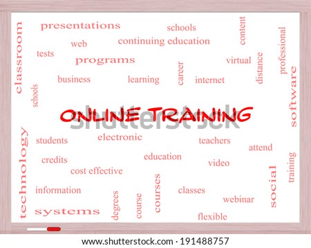 Online Training Word Cloud Concept on a Whiteboard with great terms such as electronic, education, video and more.