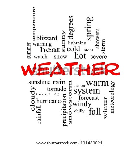 Weather Word Cloud Concept in red caps with great terms such as rain, sunshine, forecast and more.