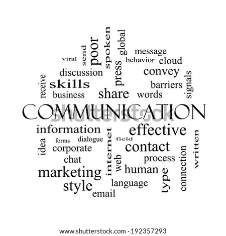 Communication Word Cloud Concept in black and white with great terms such as corporate, message, language and more.