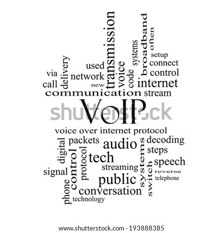 VOIP Word Cloud Concept in black and white with great terms such as voice, internet, protocol and more.