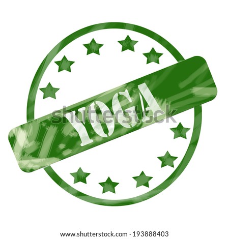 A green ink weathered roughed up circle and stars stamp design with the word YOGA on it making a great concept.