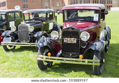 MENASHA, WI - MAY 16:  1930 Fords lined up at 7th Annual Car Show May 16, 2014 in Menasha, Wisconsin.