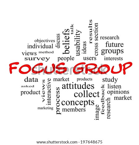 Focus Group Word Cloud Concept in red caps with great terms such as research, users, listen and more.