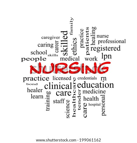 Nursing Word Cloud Concept in red caps with great terms such as licensed, skills, caring and more.