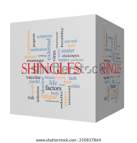 Shingles 3D cube Word Cloud Concept with great terms such as virus, itching, vaccine, rash and more.