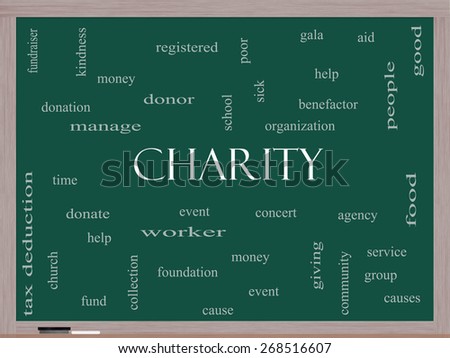 Charity Word Cloud Concept on a Blackboard with great terms such as donate, time, money, food and more.