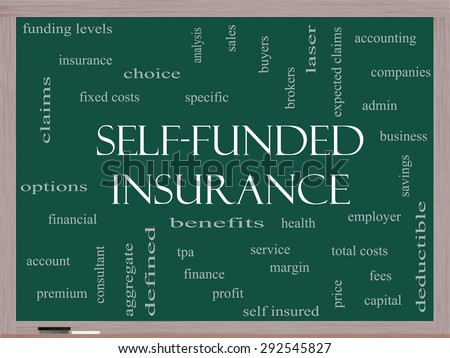 Self Funded Insurance Word Cloud on a Blackboard with great terms such as admin, fees, specific, aggregate, claims and more.