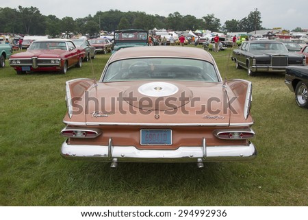 IOLA, WI - JULY 12:  1959 Plymouth Sport Fury Car at Iola 42nd Annual Car Show July 12, 2014 in Iola, Wisconsin.