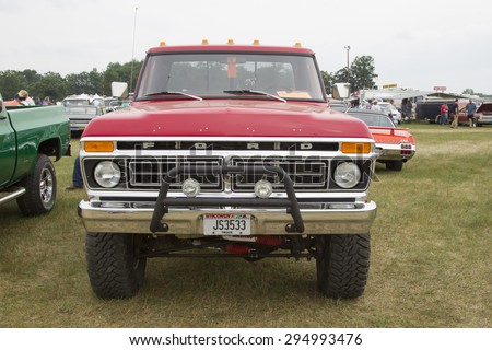 IOLA, WI - JULY 12:  Front of 1977 Red Ford F150 Pickup Truck at Iola 42nd Annual Car Show July 12, 2014 in Iola, Wisconsin.
