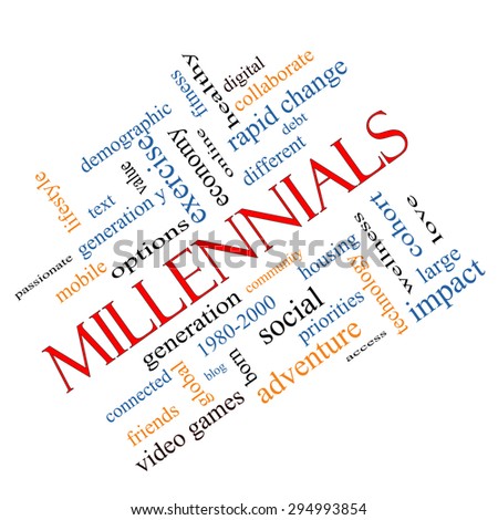 Millennials  Word Cloud Concept angled with great terms such as generation, health, fitness, technology and more.