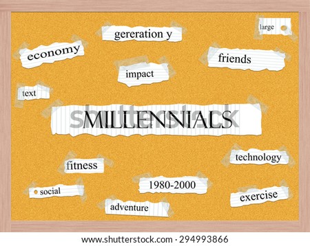 Millennials Corkboard Word Concept with great terms such as social, exercise, impact and more.