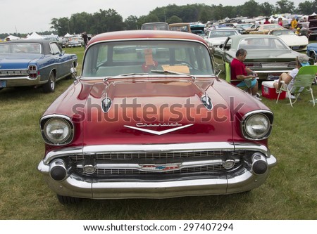 IOLA, WI - JULY 12:  Front of 1957 Chevy Bel Air Wagon Car at Iola 42nd Annual Car Show July 12, 2014 in Iola, Wisconsin.
