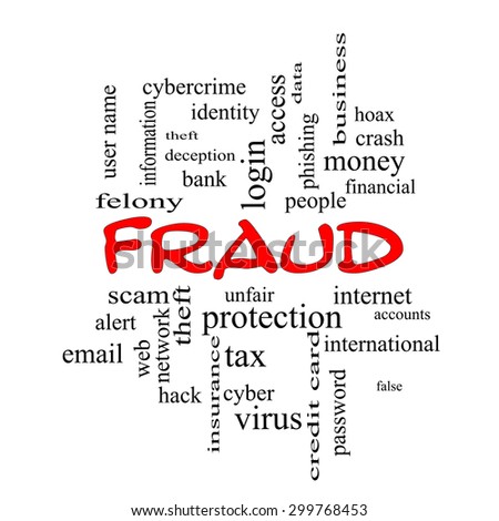 Fraud Word Cloud Concept in red caps with great terms such as alert, identity, theft and more.