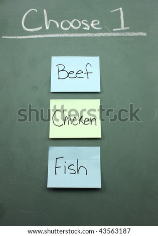 Choose one, beef, chicken or fish on sticky notes on a blackboard.  A great idea for a wedding dinner invitation.