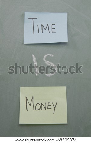 Time is money written on a chalk board with chalk and colorful paper sticky notes.
