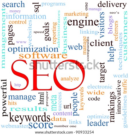 An illustration around the word / acronym SEO with lots of different terms such as search, engine, optimization, client, web, target, rankings, traffic, visitors and a lot more.