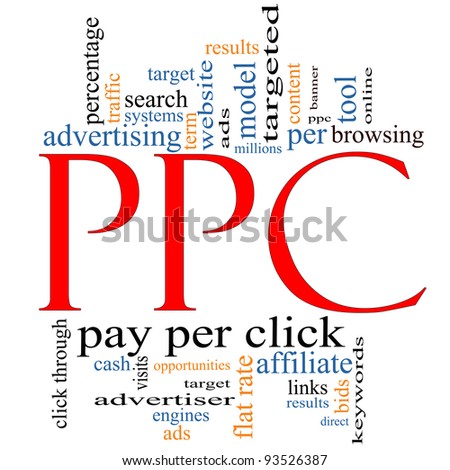 A PPC, pay per click word cloud concept with terms such as browsing, advertising, online, target, direct, keywords, banner and more.
