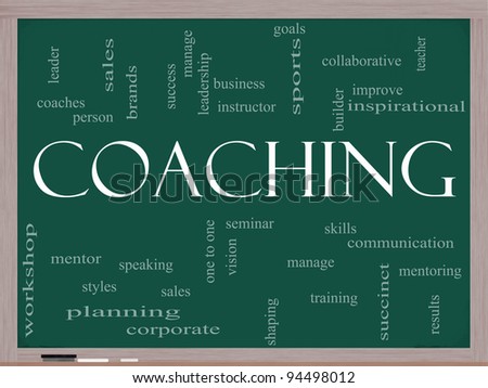 A Coaching word cloud concept on a blackboard with terms such as mentor, seminar, instructor, sports, goals and more.