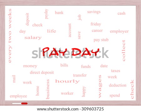 Pay Day Word Cloud Concept on a Whiteboard with great terms such as deposit, account, money, work and more.