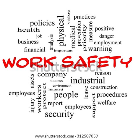 Work Safety Word Cloud Concept in red caps with great terms such as security, employee, company and more.