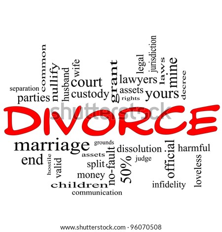Divorce Word Cloud Concept scribbled in red with great terms such as end, marriage, end, laws, infidelity, split, children, and more.