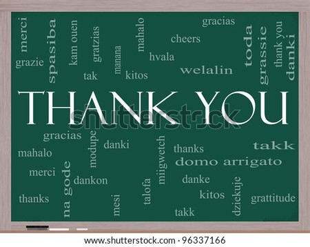 Thank You Word Cloud Concept on a Chalkboard with great terms in different languages such as mahalo, danke, gracias, kitos and more.