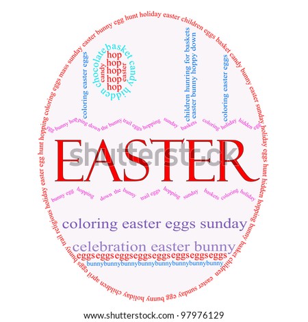 An Easter Egg word cloud with great terms such as Easter, Sunday, bunny, eggs, baskets and more.