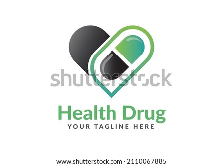 Health Drug Medical healthcare Clinic Hospital Pharmacy Logo. Love heart Pill Capsule Tablet Logo Design vector Template.